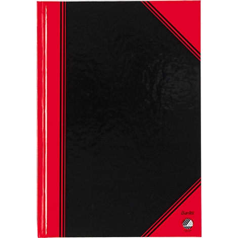 Black notebook with red border and diagonal corner, brand logo.