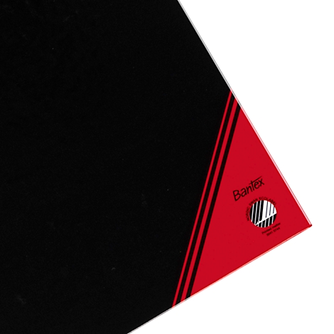 Detail of a black notebook with red accents and the "Bartex" logo.