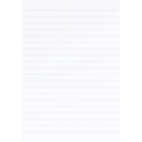 Close-up of a white notepad featuring pale horizontal lines. The pad is blank, ready for notes.