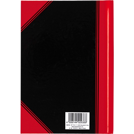 Black notebook with red spine, red border, and barcode.