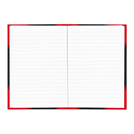 Open notebook with red and black plaid pattern and lined pages.