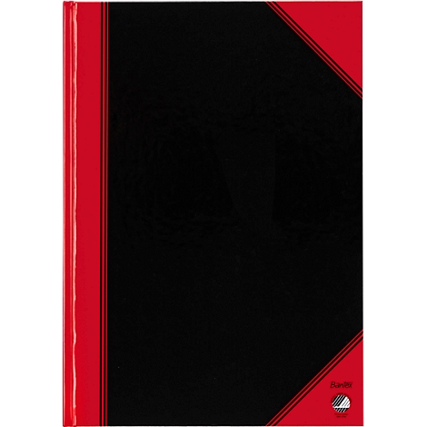 Black notebook with red cover and red corner, minimalist.