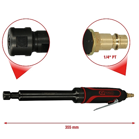 Schwarz-roter Druckluftschleifer, mit Detailansichten der Anschlüsse und Maßangabe 355 mm.