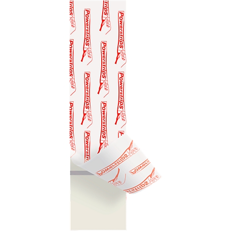 Gros plan sur des Powerstrips blancs avec des lettres rouges qui se détachent d'un rouleau.
