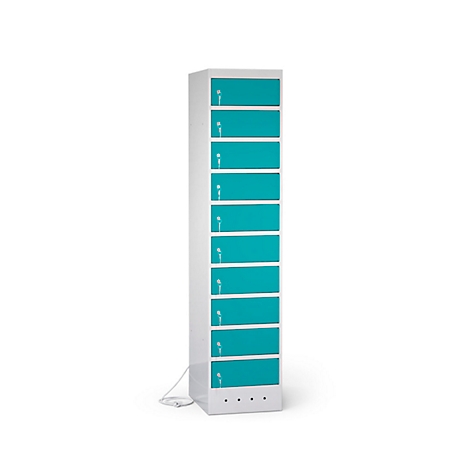 Tall white cabinet with ten turquoise compartments. Each compartment has a white lock and three small holes at the bottom.