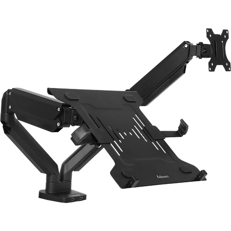Schwarzer Monitor- und Laptop-Arm, der an einem weißen Hintergrund ausgestellt ist.