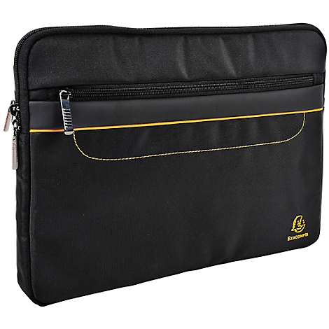Schwarze Laptoptasche mit Reißverschluss und gelben Ziernähten. Logo von Exacompta in der unteren rechten Ecke.