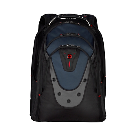Schwarzer Rucksack mit blauem Einsatz, rotem Logo und silbernen Griffen.