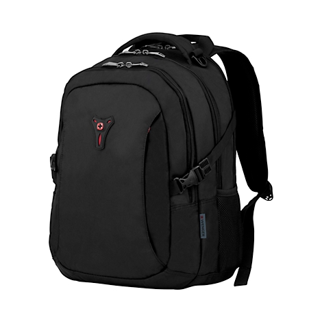 Schwarzer Rucksack mit rotem Logo und silbernen Reißverschlüssen.