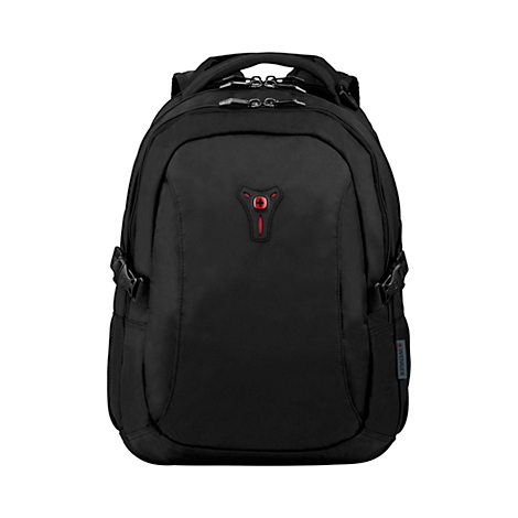 Schwarzer Rucksack, rote Akzente und Logo, mit zwei Schnallen und einem Handgriff.