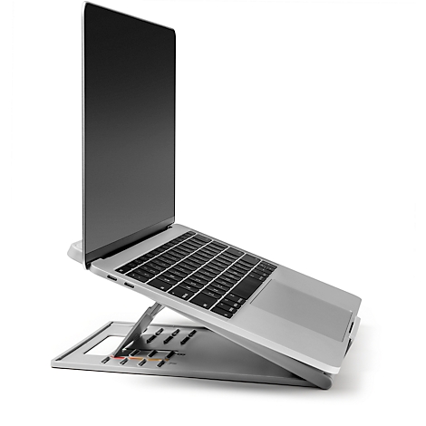 Grey laptop on a laptop stand. The screen is black.