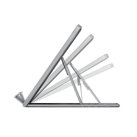 Silver tablet stand, adjustable in different angles of inclination.
