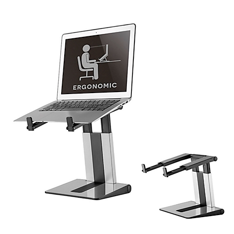 A laptop sits on a silver laptop stand with two parts. A logo with the word "ERGONOMIC" can be seen on the screen.