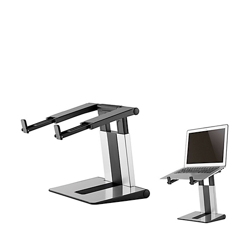 A metal laptop stand. Black, silver, adjustable height, with an open laptop.