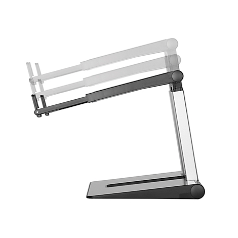 Black laptop stand with adjustable tilt, shown at different heights. On a white background.