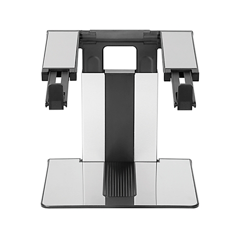 A laptop stand with a silver and black structure. Two arms, a base and a holder.