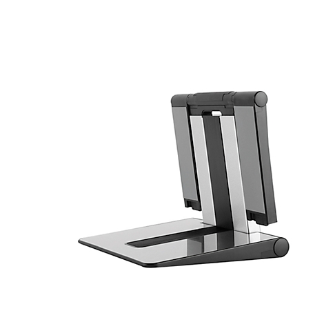 Black and grey tablet holder on a white background.