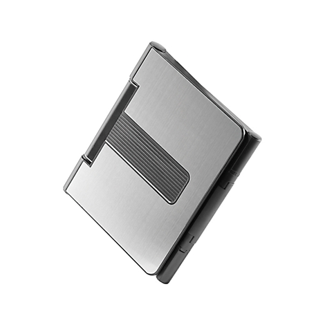 A silver rectangular lighter, with a black bar and a ribbed area.