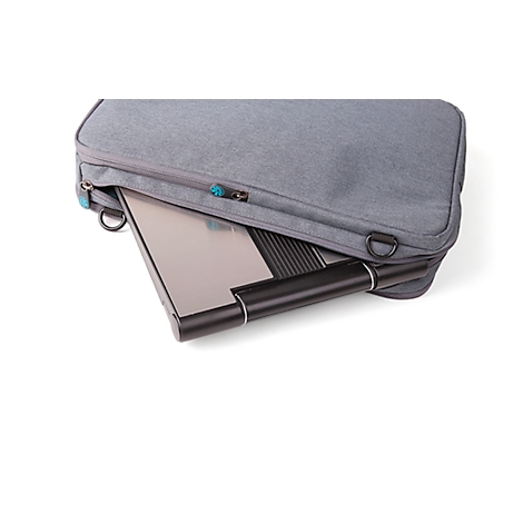 Laptop in gray case. Zipper with turquoise accents. Black laptop base visible.