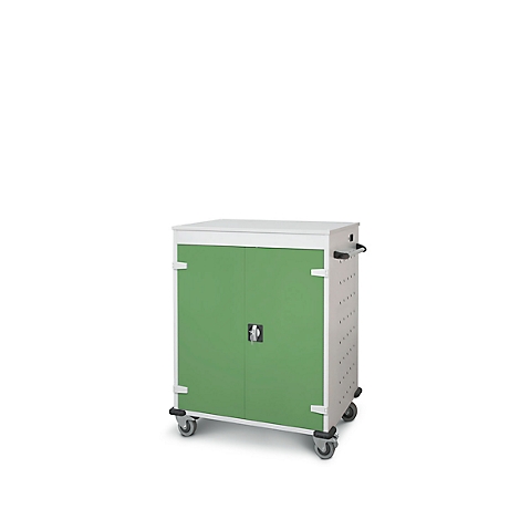 Mobiele kast met wielen en groene deuren tegen een witte achtergrond.