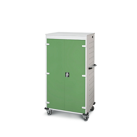 Mobiele kast op wielen, groene deuren, wit frame, zilveren handvat.