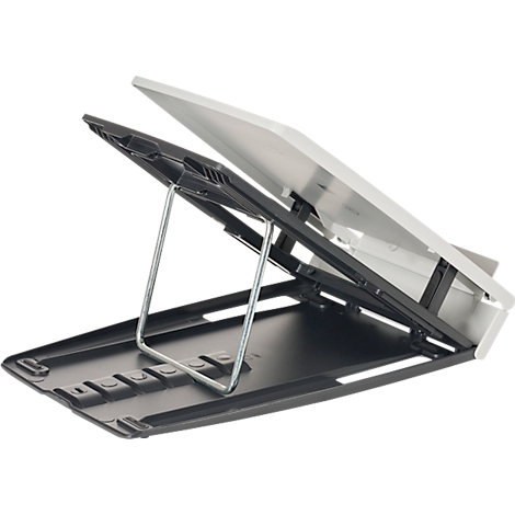 Zwarte verstelbare boekenstandaard met zilveren steun. Oppervlak in lichtgrijs.