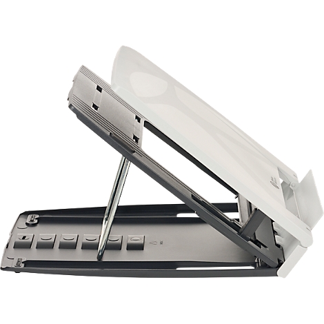 Grijze lessenaar met een wit opstaande plank, van opzij bekeken.