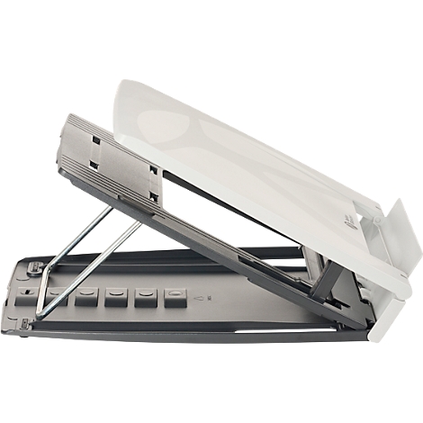 Grijze scanner met witte klep, perspectiefbeeld. De klep is open en wordt vastgehouden door een zilveren metalen beugel.