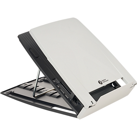 Een wit en zwarte documentscanner, half open, op een witte achtergrond. Het apparaat staat op een metalen standaard.