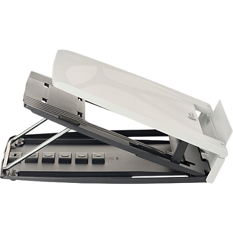 Een wit en grijze laptopstandaard met verstelbare steunen.