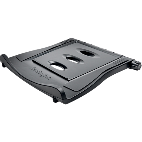 Zwarte laptopstandaard met drie gaten, Kensington-logo. De standaard heeft een afgeronde vorm.