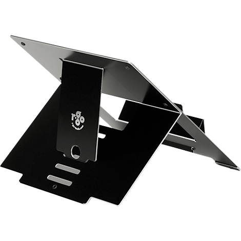 Zwarte metalen laptopstandaard, opgevouwen. Op de standaard is een logo met een lachend gezicht te zien.