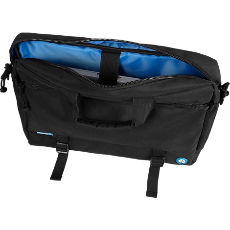 Zwarte laptoptas, open, met blauwe voering. Schouderriem en handvat zichtbaar.