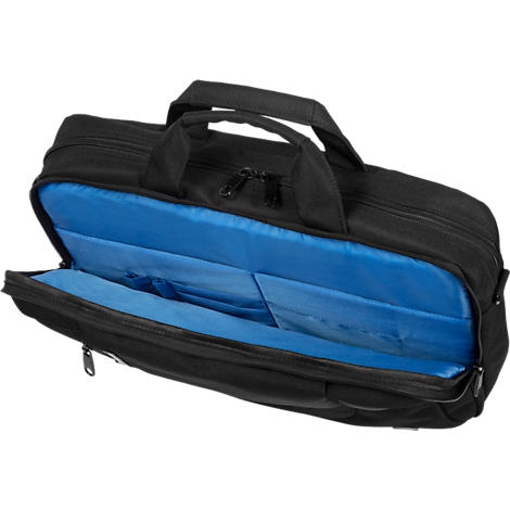 Zwarte laptoptas met blauwe voering. Hij is open en toont de gewatteerde compartimenten.