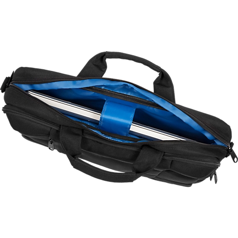 Zwarte laptoptas met handvat en schouderriem. Blauw logo, ritsen en blauwe stiksels.