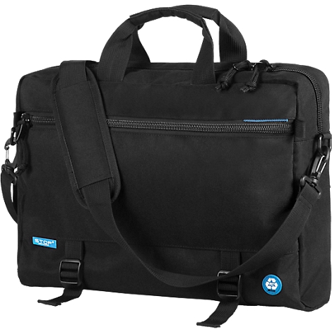 Schwarze Tasche mit Reissverschluss, hellblaue Innenseite sichtbar. Schulterriemen und Markenlogo.
