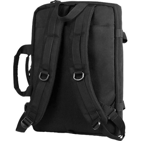 Schwarzer Rucksack, Rückansicht. Schultergurte, Tragegriff und Metallringe.