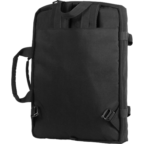 Schwarzer Rucksack von hinten mit Tragegriffen und verstellbaren Schultergurten.