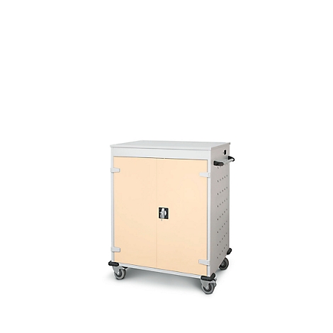 Beige kast op wielen met grijze zijpanelen en twee deuren.