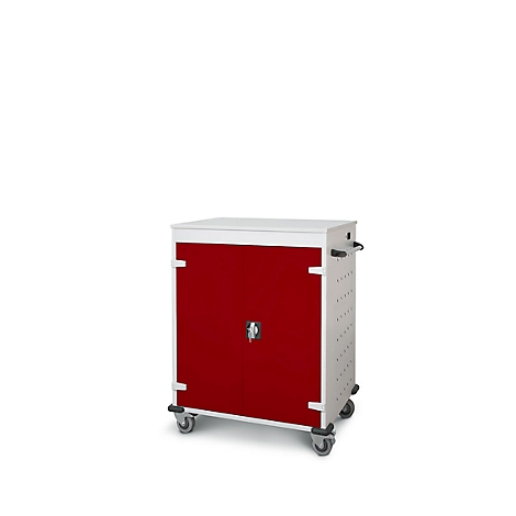 Rode kast op wielen, met wit frame, handgrepen en slot.