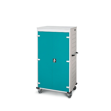 Rollerkast met turquoise dubbele deur, wit frame en wielen. Handgrepen en slot aanwezig.