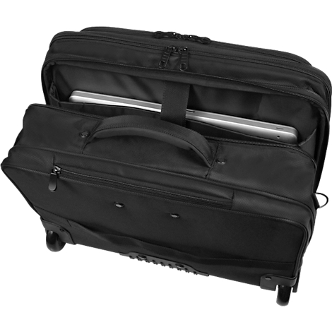 Schwarzer Trolley, ausgezogene Teleskopstange, zwei Rollen. Blaue Akzente.