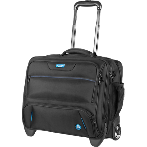 Schwarzer Trolley-Koffer mit ausziehbarem Griff, Rädern und blauem Logo.