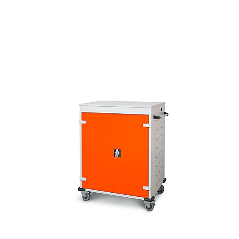 Ein orangefarbener Schrank auf Rädern mit silbernen Elementen und Griffen.