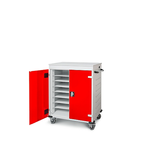 Ein weiss-roter Schrank mit offenen Türen zeigt Einlegeböden. Auf Rollen stehend.