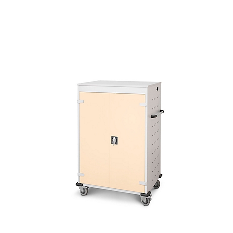 Ein weisser Schrank mit zwei Türen und Rädern. Die Türen haben eine helle, beige Farbe und einen schwarzen Griff.