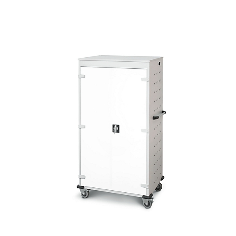 Weisser Schrank auf Rollen, mit zwei Türen und einem Griff an der Seite.