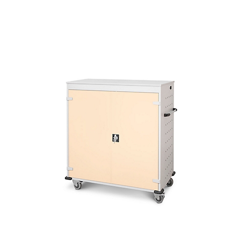 Schrank auf Rollen, zwei Türen, Griff, hellgrau, beige Türen.