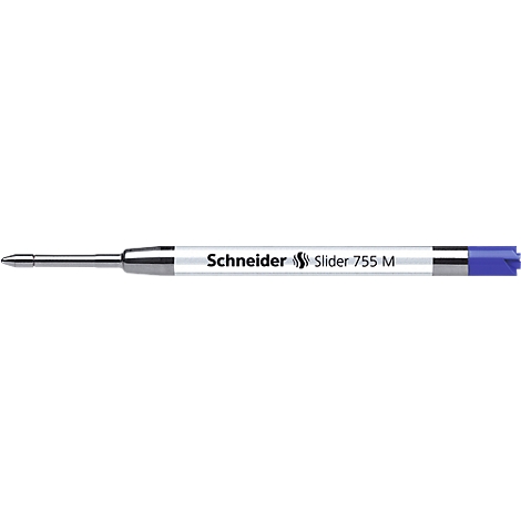 Close-up of a Schneider Slider 755 M ballpoint pen. The pen has a metal casing and blue accents.