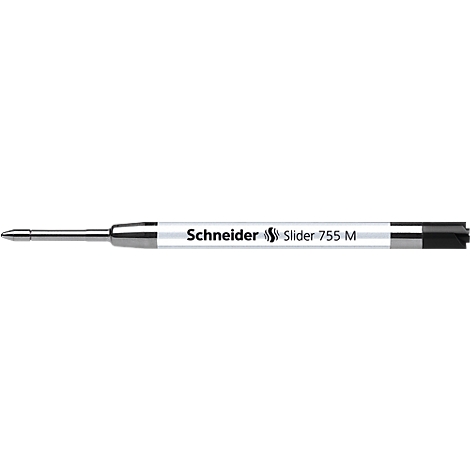 Close-up of a silver pen with the inscription Schneider Slider 755 M.